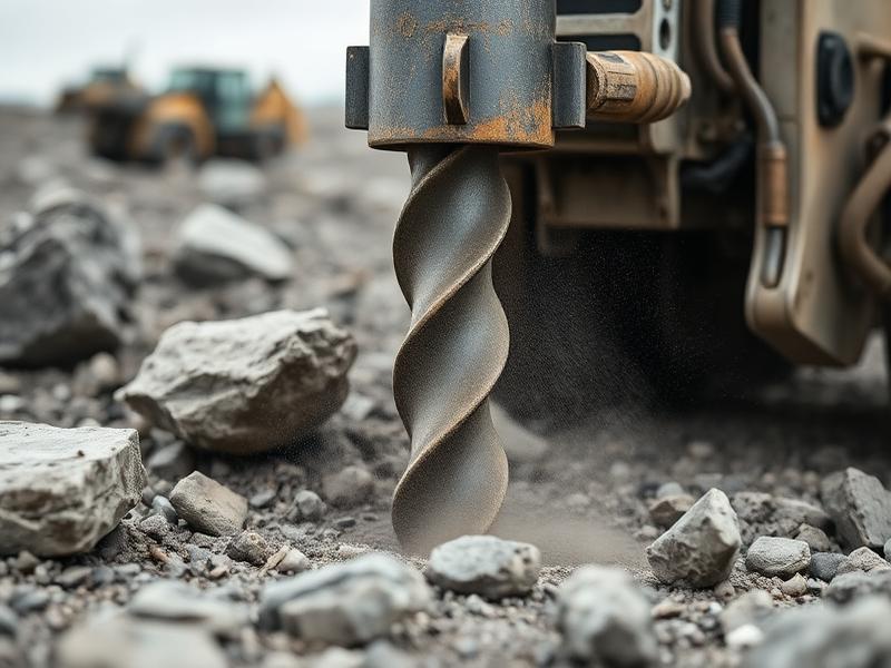 Tête de forage en opération sur un terrain rocheux